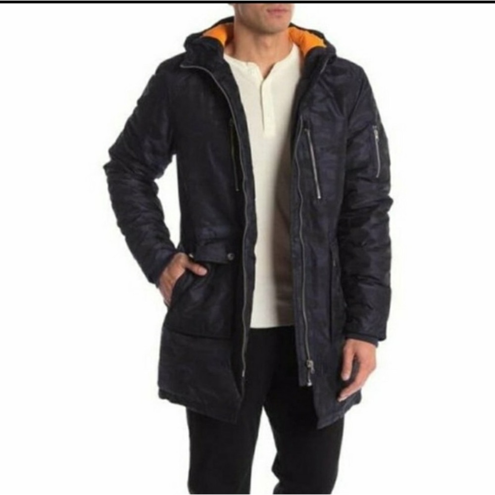 💙Slate & Stone Long Hooded Parka Coat Blue Black Camo Size L - Picture 2 of 15